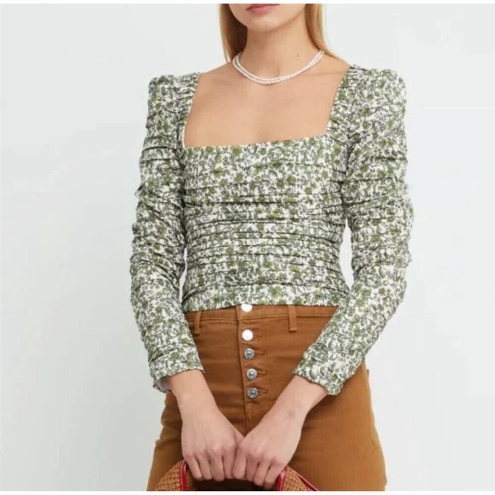Kourt Anastasia Top Size Medium Ruched Pleated Blouse Cropped Cream Green Floral
